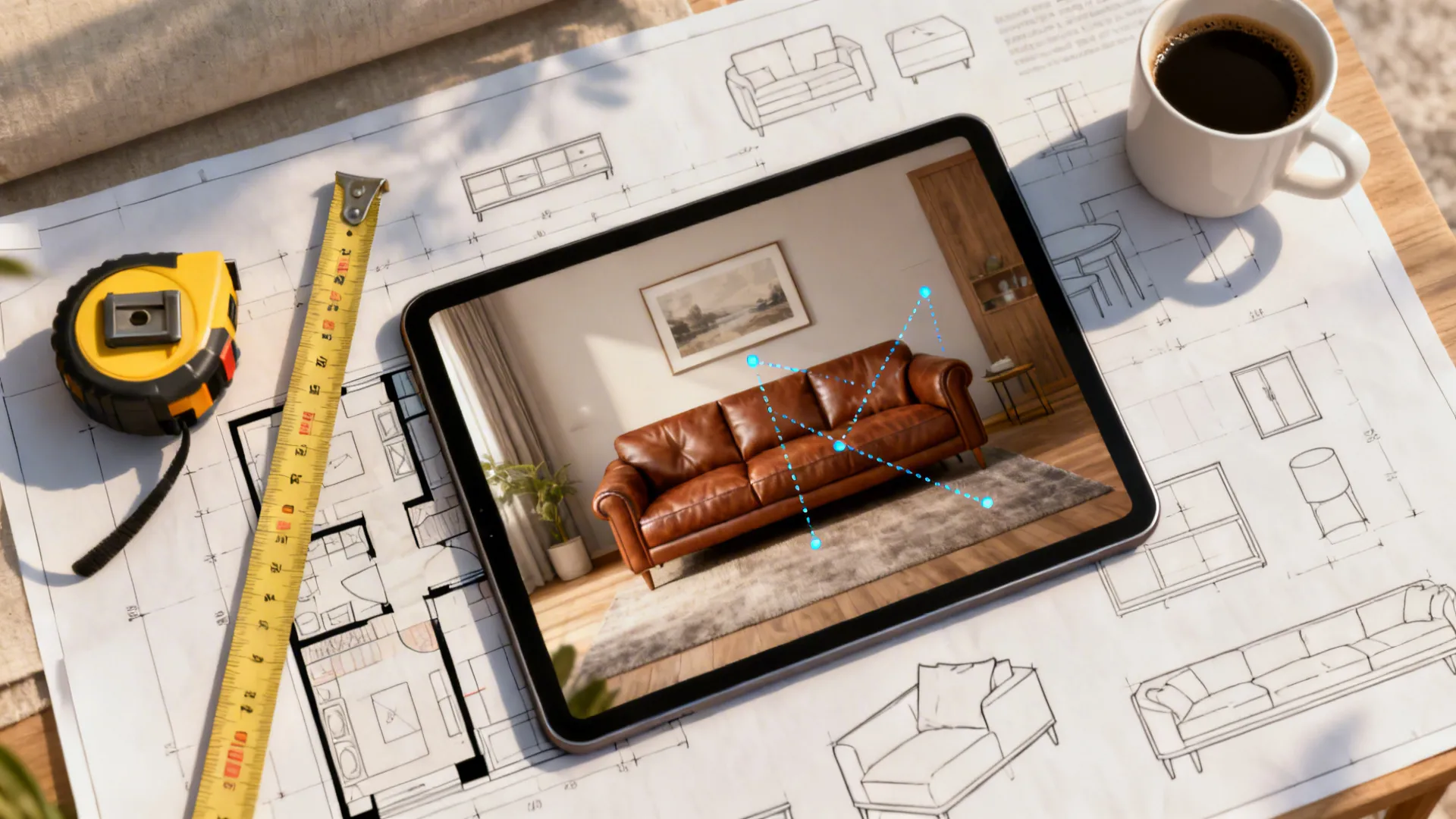 Top-down room planning with measuring tape and tablet mockup for positioning a brown leather couch.
