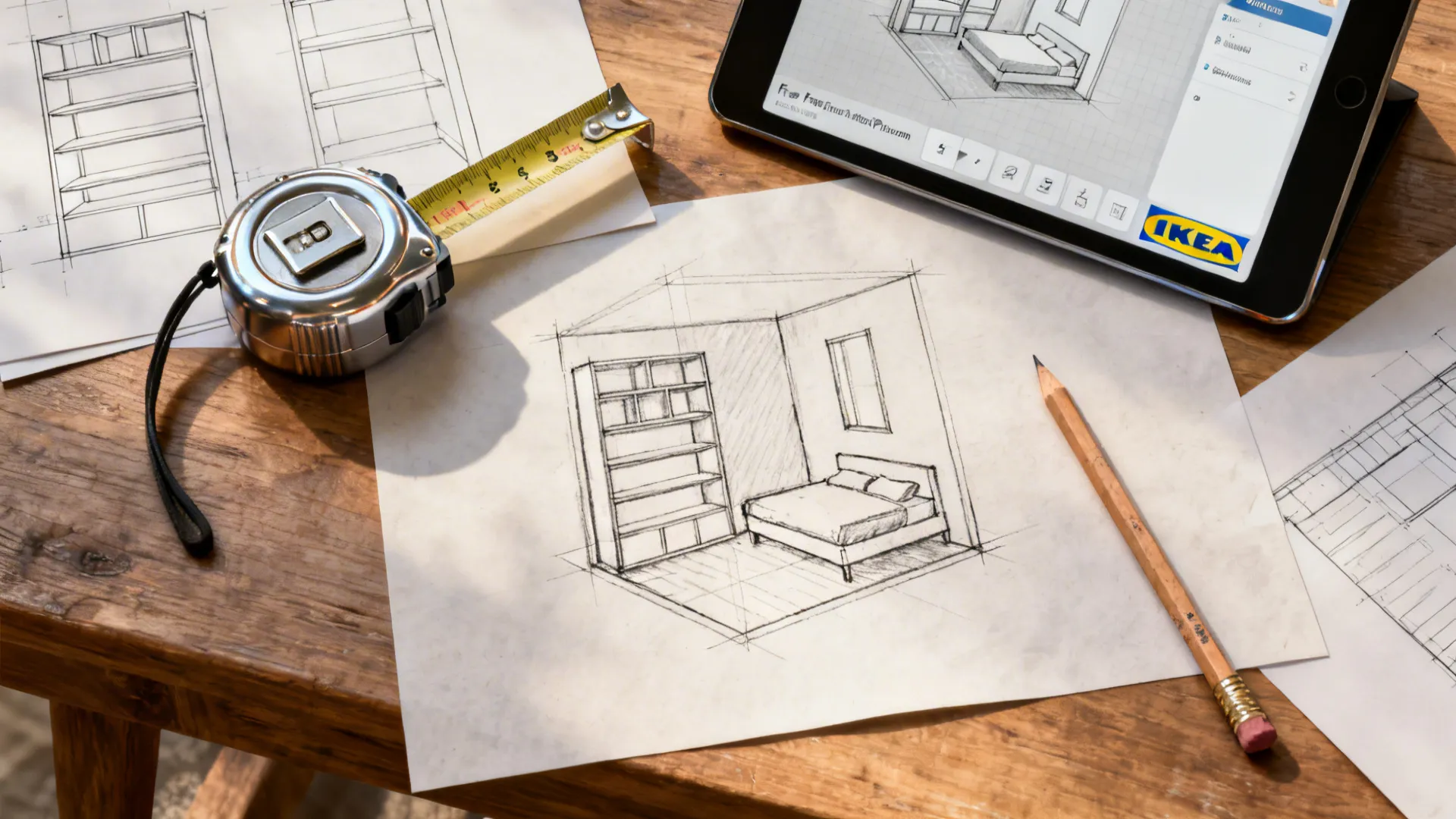 Top-down layout planning scene with room sketch, measuring tape, and a tablet showing a 3D floor planner