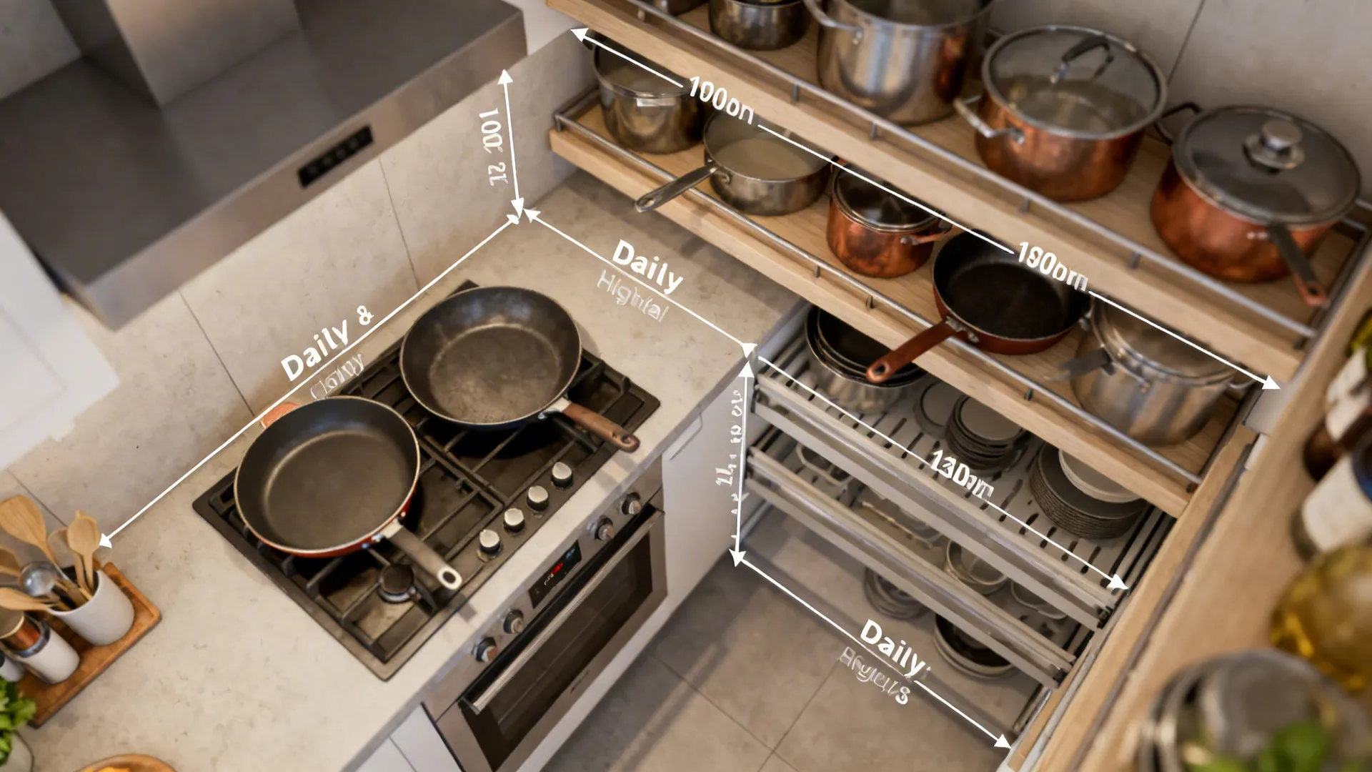 Top-down kitchen layout showing recommended zones and clearances for pans and racks.