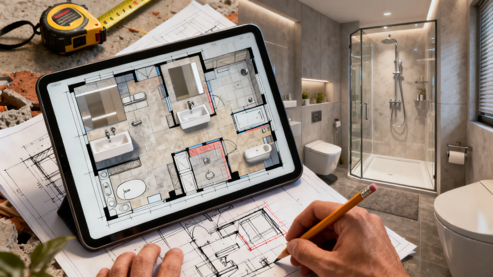 Designer reviewing 3D floor plans and sketches for a compact bathroom layout