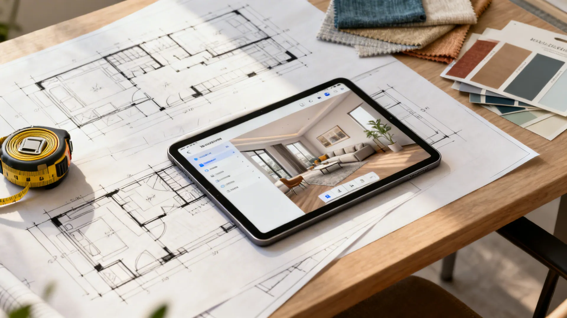 Top-down mockup with sketched desk layouts, a tablet showing a 3D planner, and material swatches.