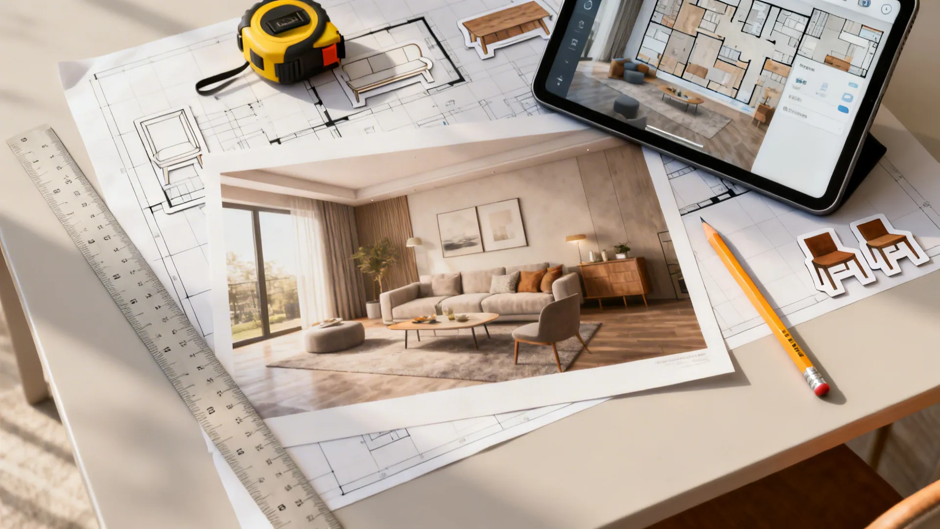 Top-down planning scene with floor plan, tablet 3D layout, tape measure and furniture cutouts for small living room planning.