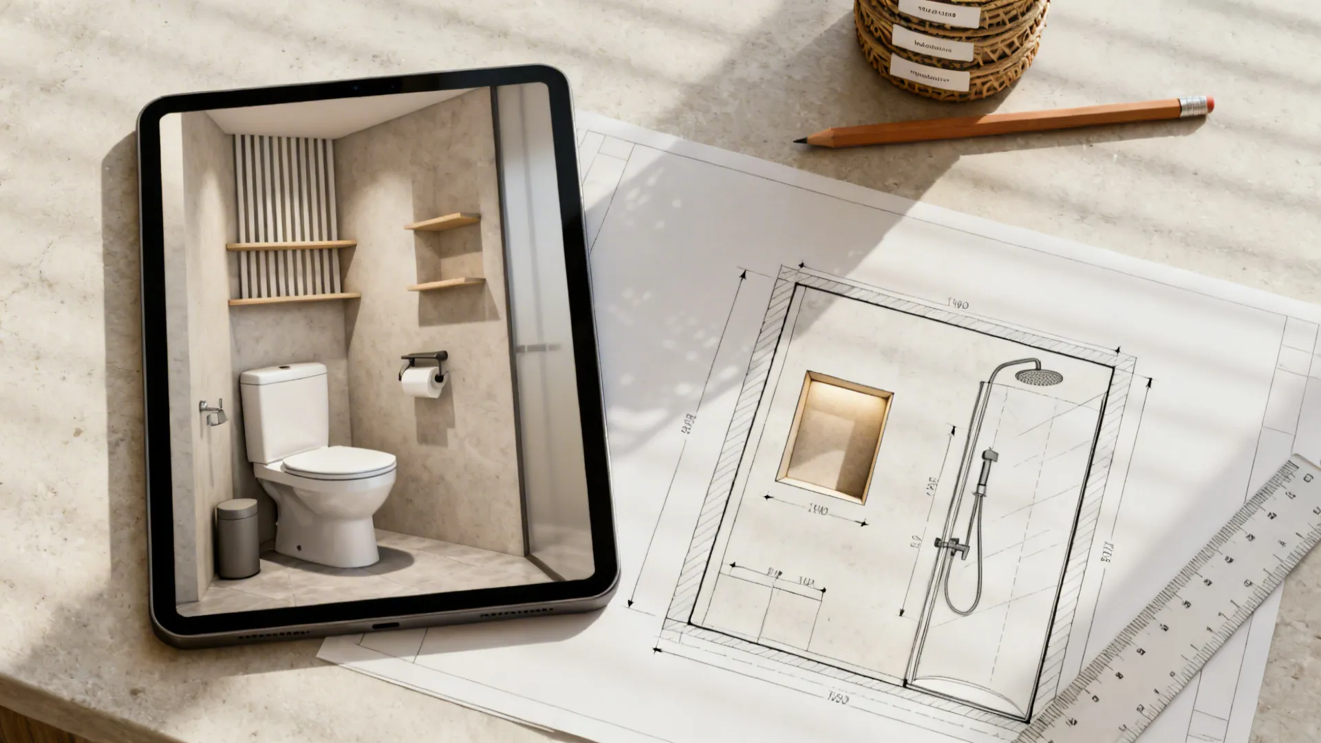 Top-down view of a bathroom layout mockup on tablet and print showing storage solutions and clearances.