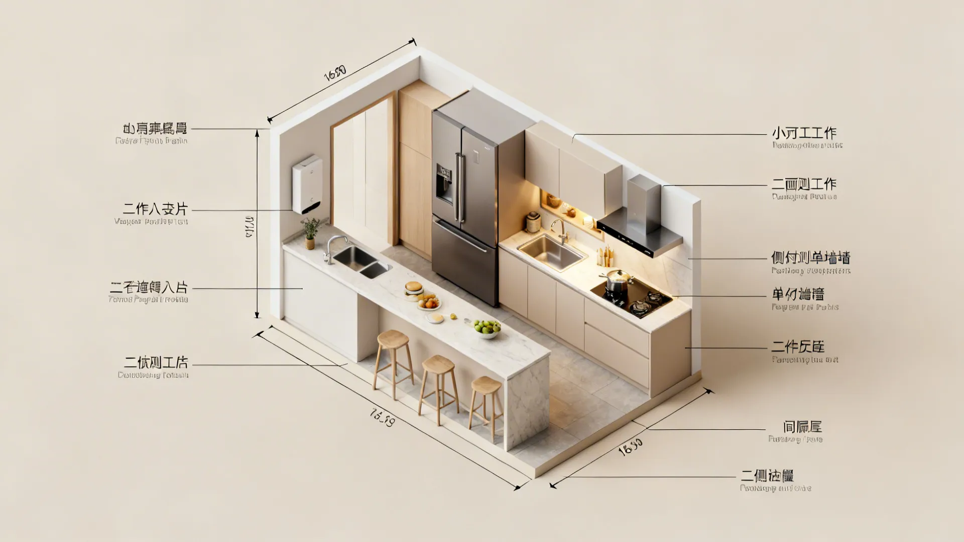 Top-down planning view showing clearances and workflow for small kitchen layouts including single-wall and galley options