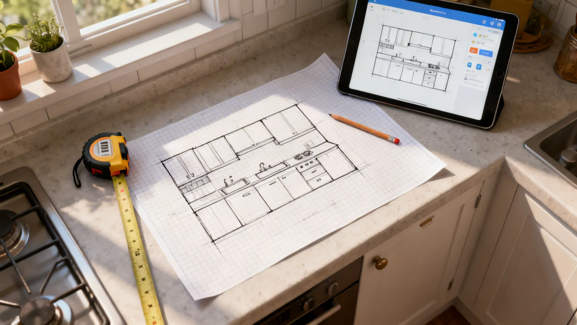 Top-down view of a kitchen layout sketch, tape measure and tablet planner, representing DIY planning for small kitchens.