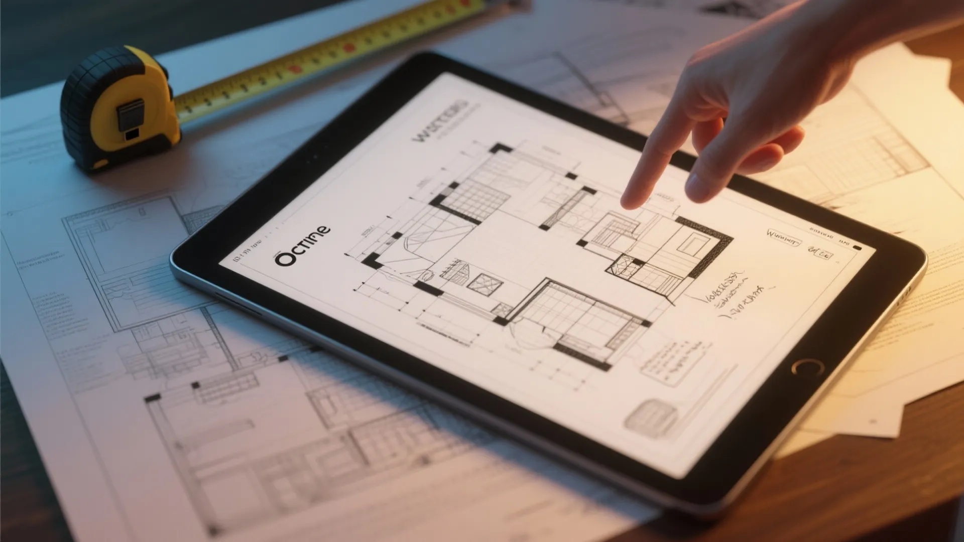 Person using a tablet to view house floor plans with a measuring tape on table