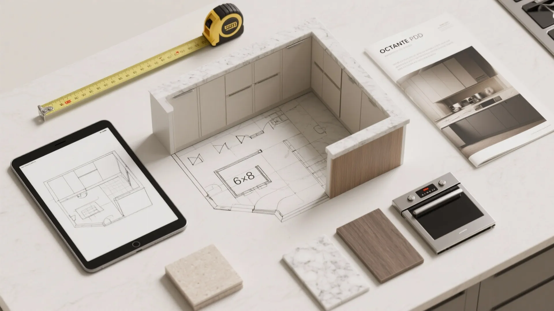 Flatlay of tools and samples for planning an L-shaped kitchen layout with 3D mockup and material swatches
