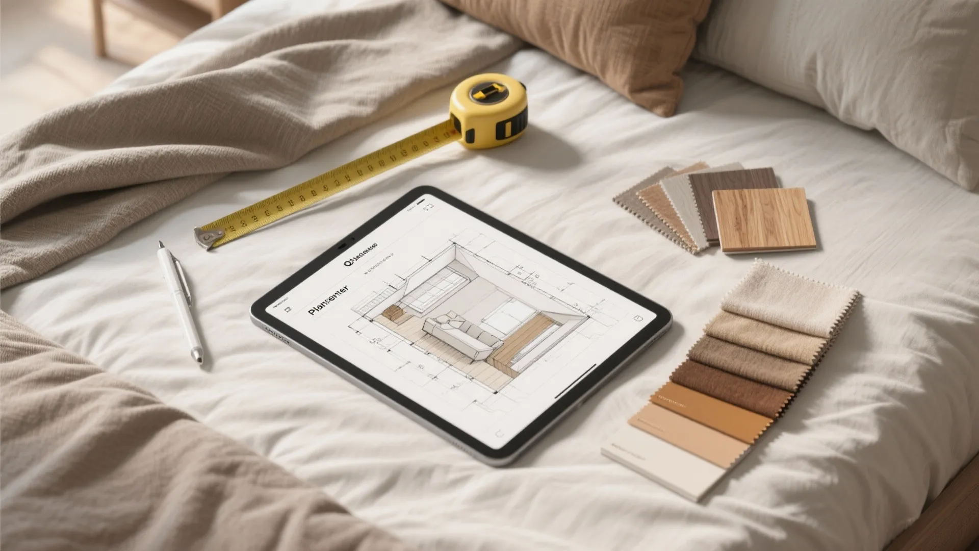Tablet showing interior design drawing with measuring tape and fabric color samples on a bed
