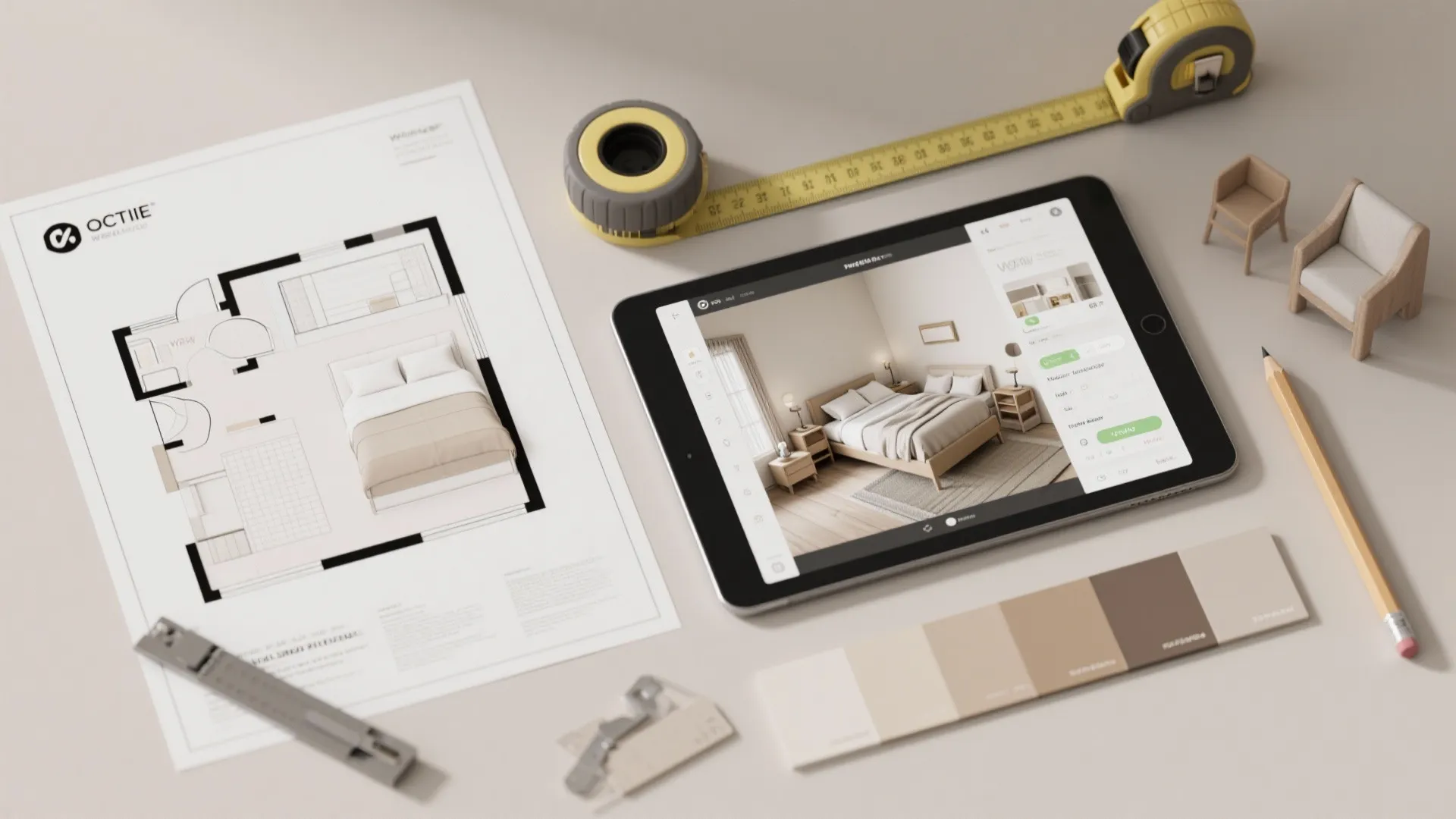 Interior design drawing with tablet app showing bedroom floor plan beside tape measure and pencil