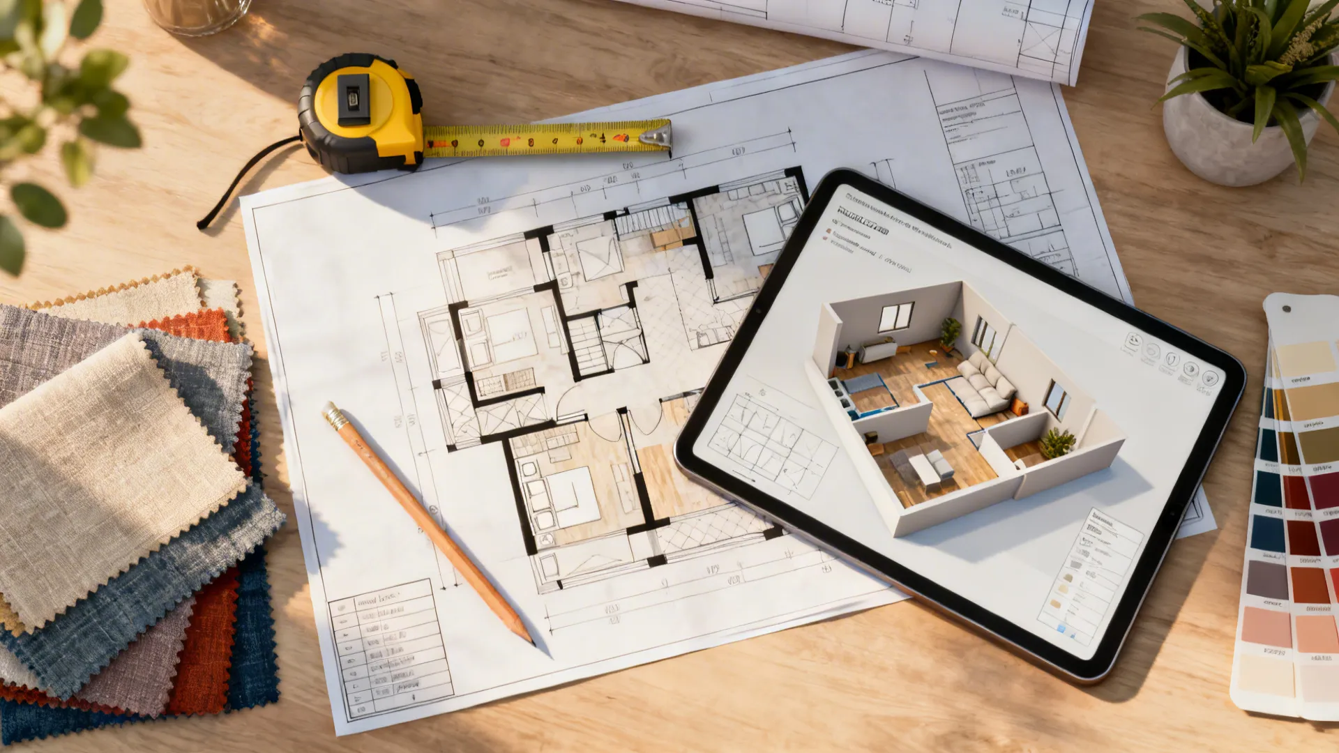 Top-down flatlay of a floor plan, measuring tape and tablet with 3D floor planner for layout planning