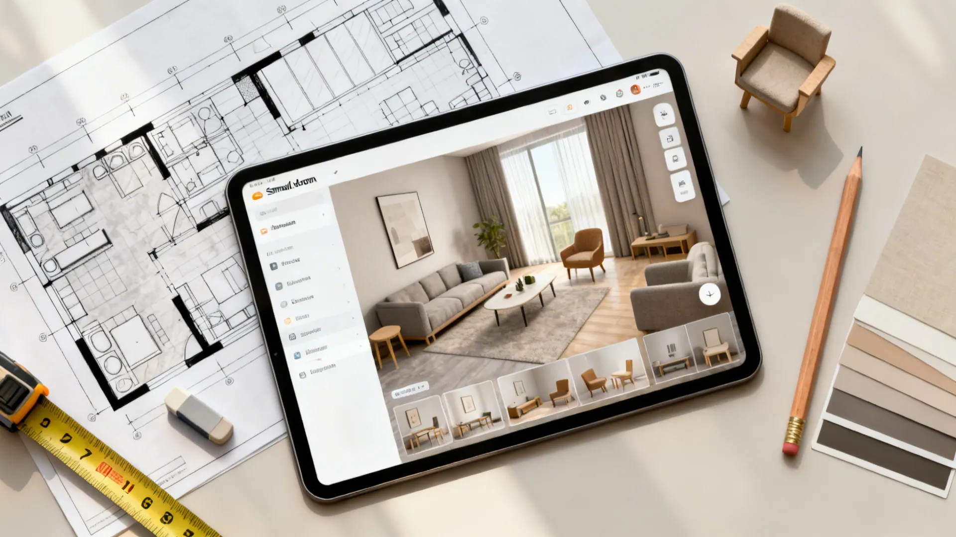 Top-down flatlay of sketches, tablet with room planner, measuring tape and color swatches for planning small-room layouts