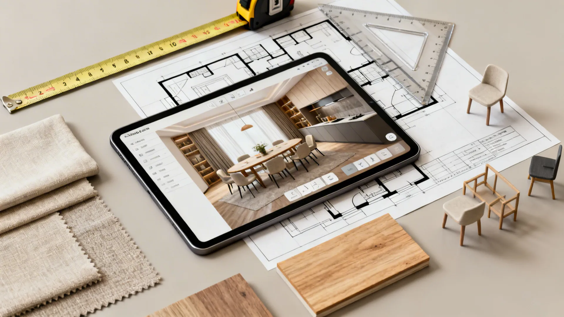 Flatlay of 3D planner, measuring tape, scale ruler, and material swatches for testing dining layouts.