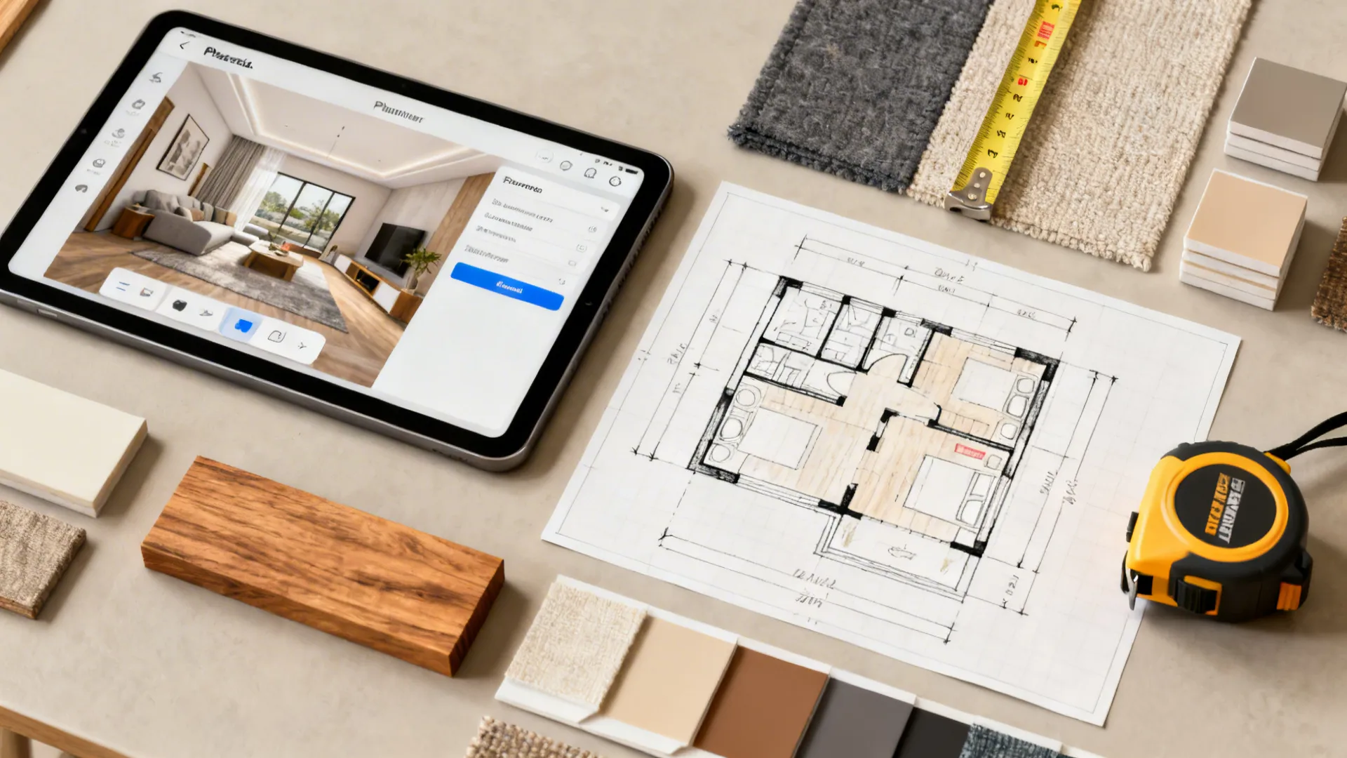 Tablet showing room design next to paper floor plan with measuring tape and material samples