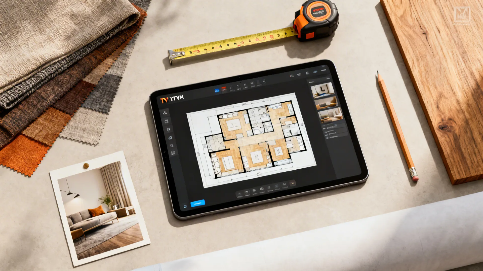 Tablet showing house floor plan layout surrounded by measuring tape fabric samples and a wooden board