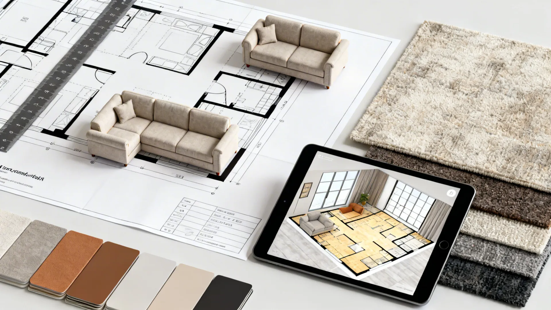 Flatlay of a layout planning kit with scaled plans, fabric swatches and a tablet showing a 3D planner.