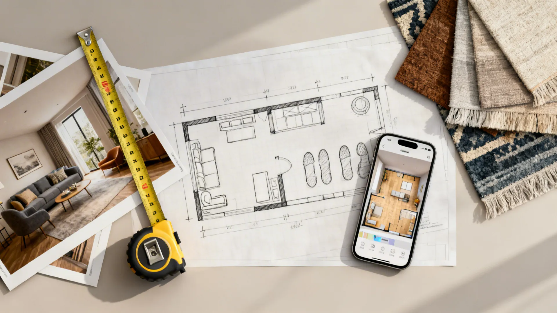 Top-down view of room planning tools: tape measure, 3D planner on phone, sketches and fabric swatches.