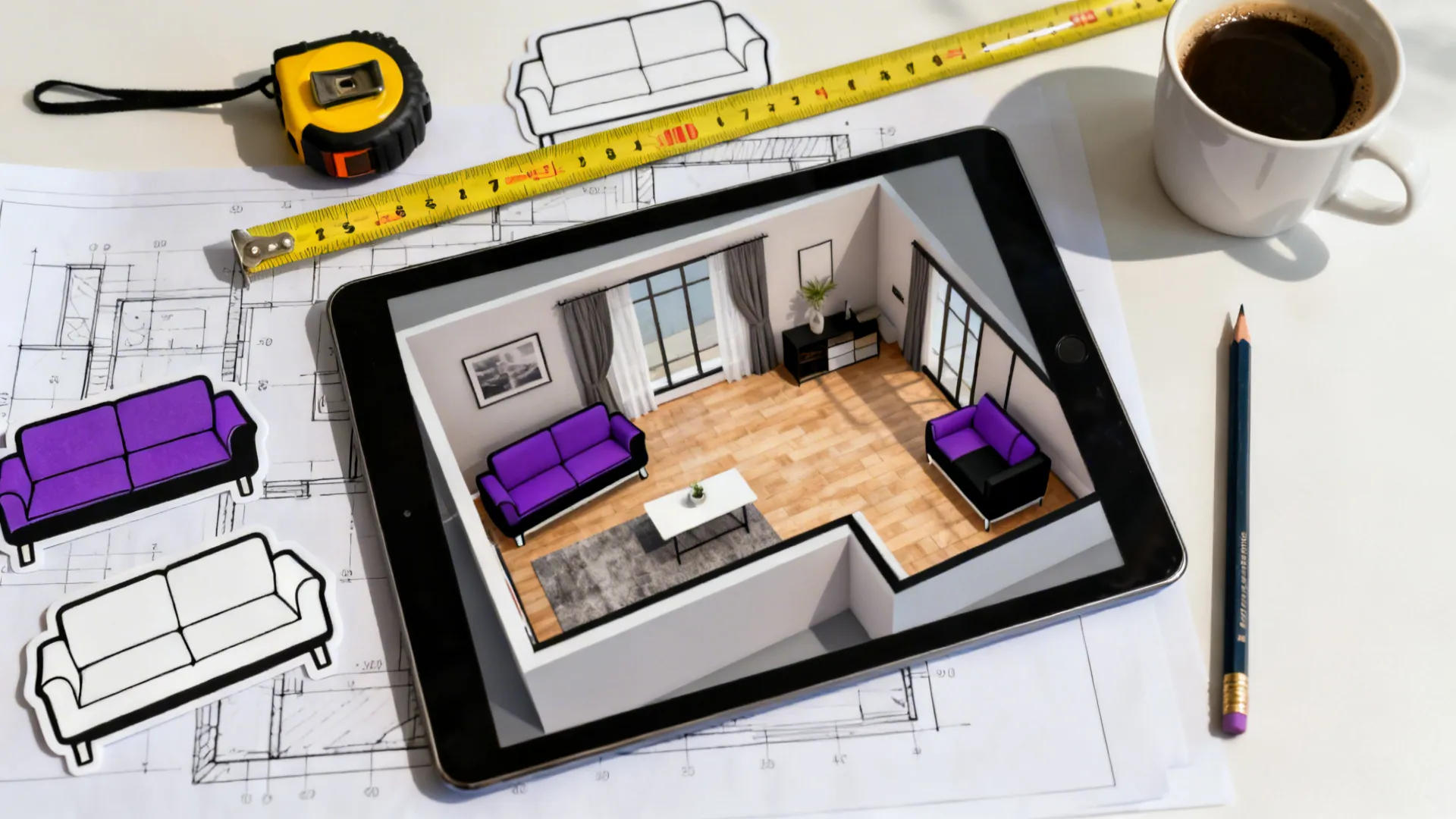 Flatlay of a 3D floor planner on tablet, tape measure and scaled furniture cutouts for a compact living room