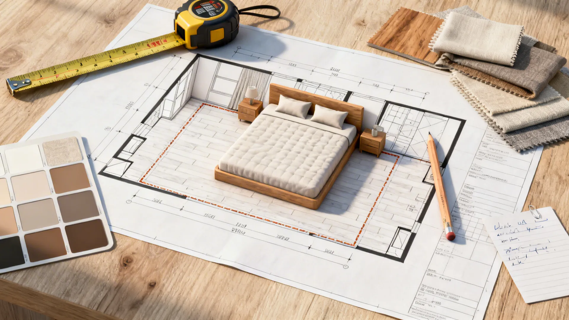 Top-down flatlay of tools for planning a king mattress layout and color swatches