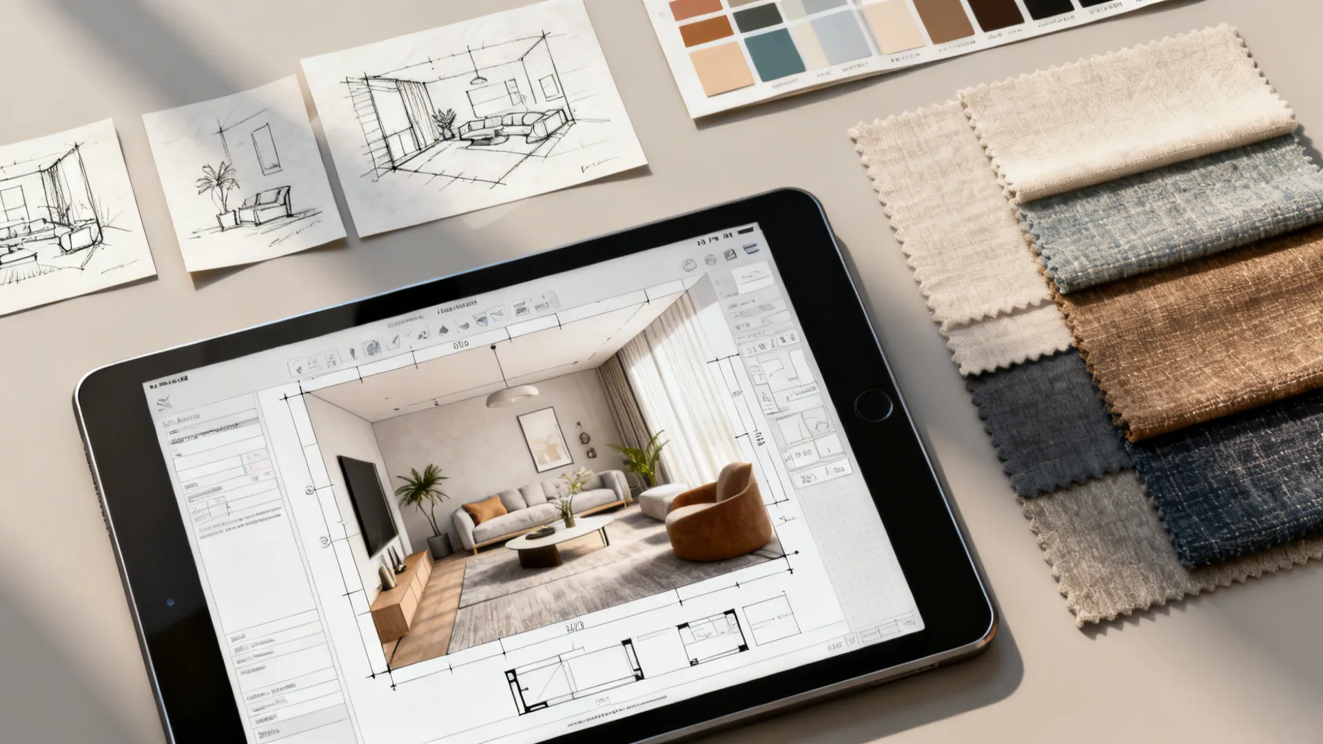 Flatlay of sketches, fabric swatches and a tablet with a room planner for quick layout experiments.