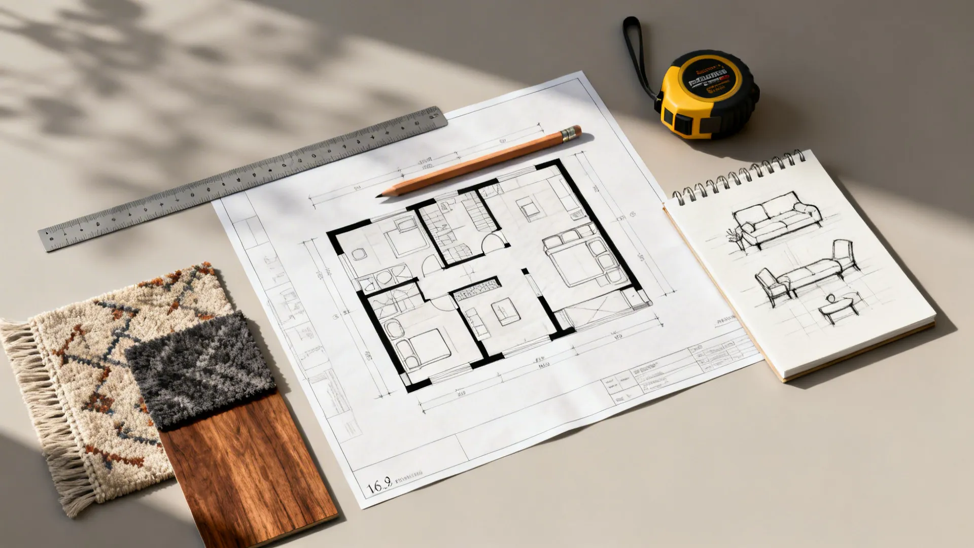 Top-down flatlay of a floor plan, fabric swatches, tape measure and pencil for quick layout trials.