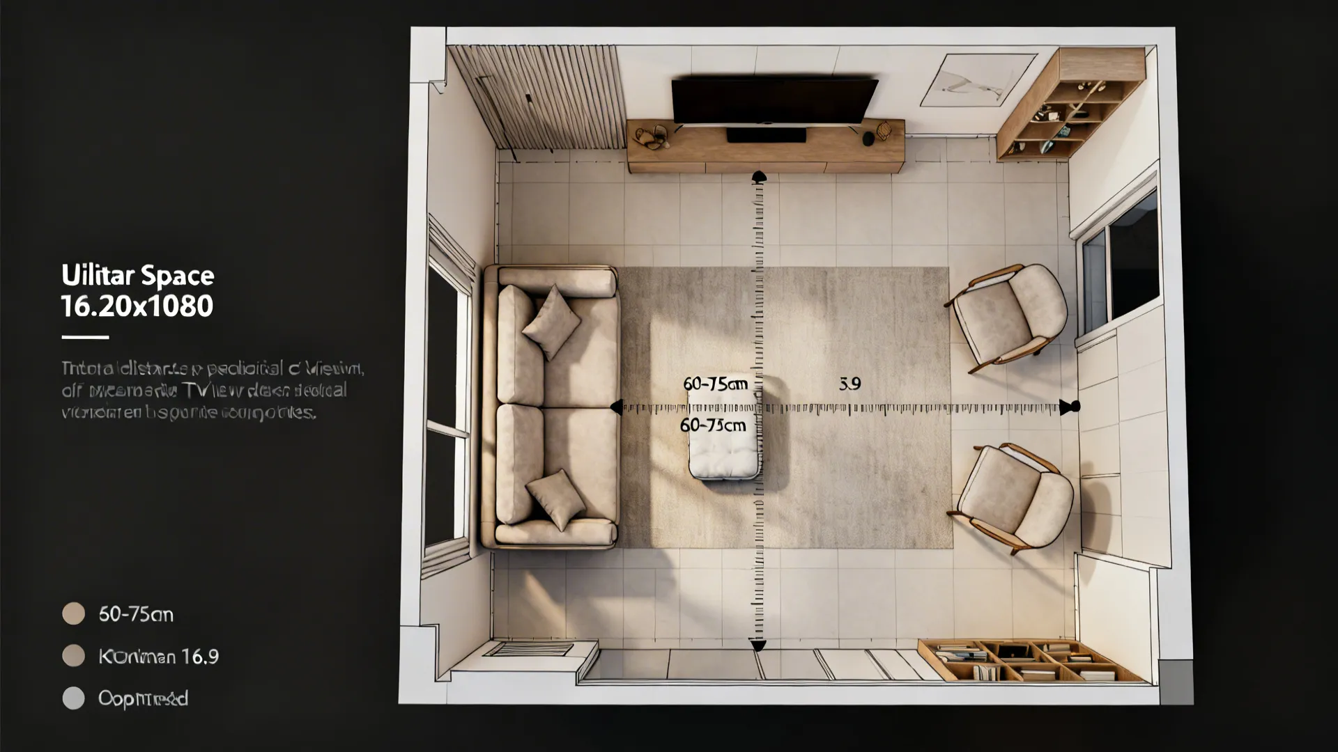 Top-down planning diagram showing recommended sofa sizes and circulation distances for a small living room
