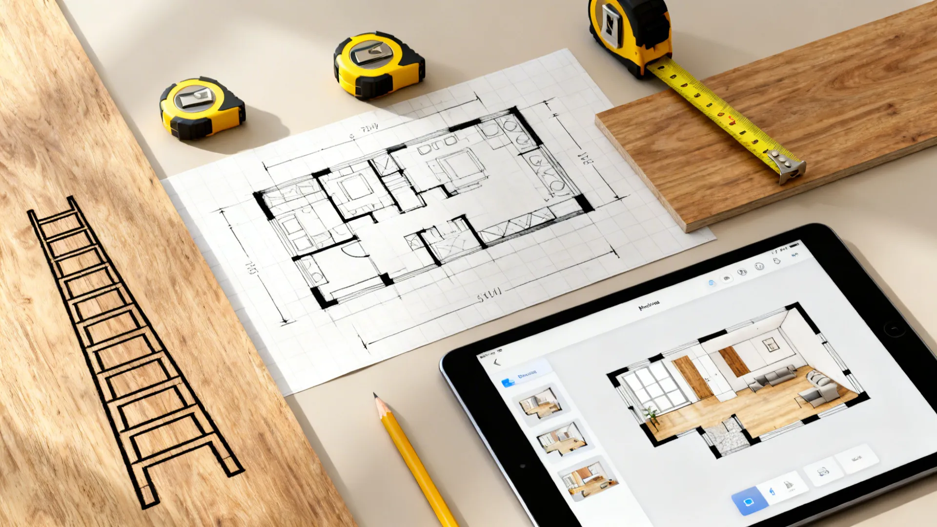 Flatlay of a floor plan sketch, measuring tape, ladder silhouette, and tablet with a room planner app for fan placement testing.