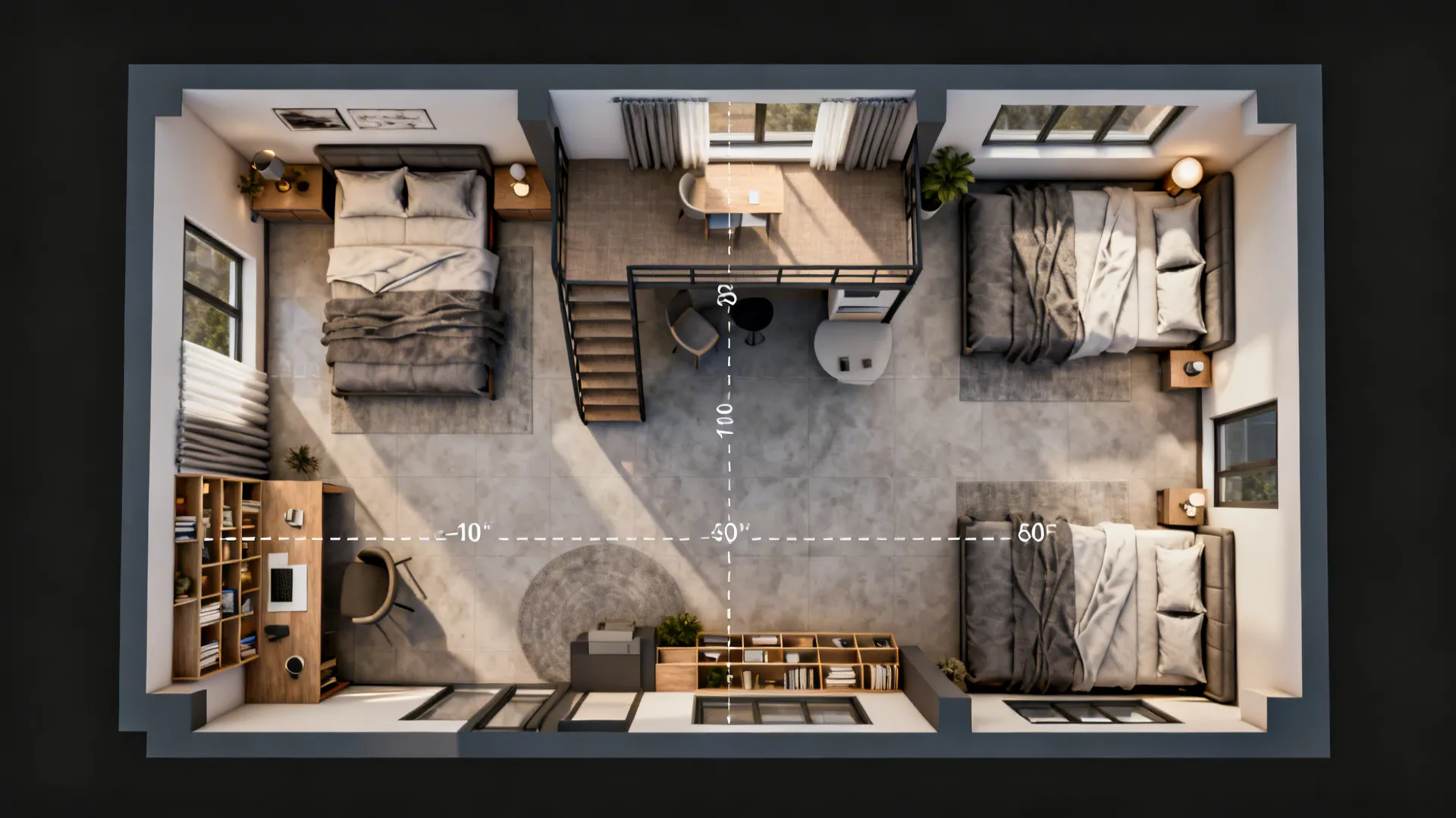 Top-down mockup of a 9–10sqm shared bedroom showing sightlines and furniture zones.
