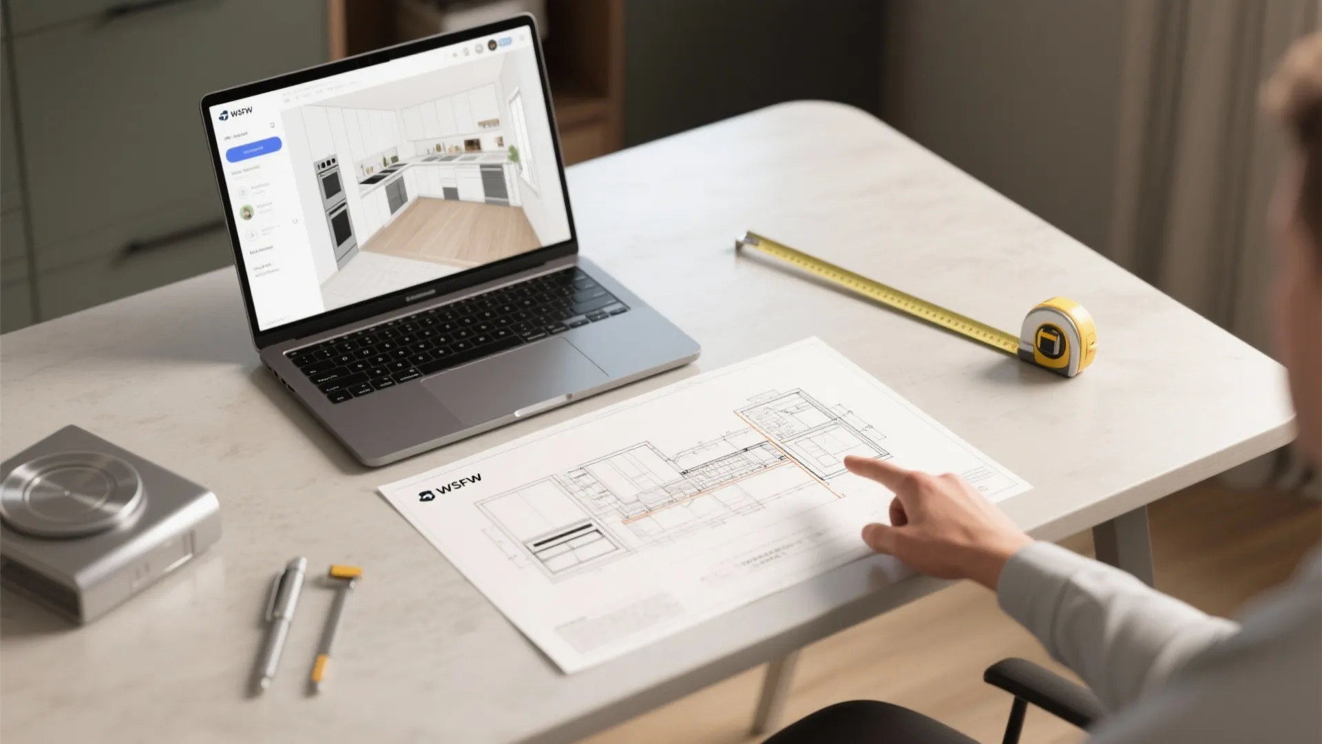 Laptop showing kitchen design software on desk with floor plan paper and a tape measure