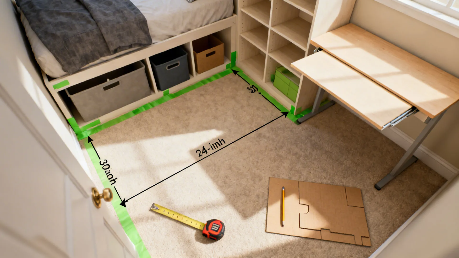 Top-down view of painter’s tape room outlines and mockups showing pathways and storage placement.