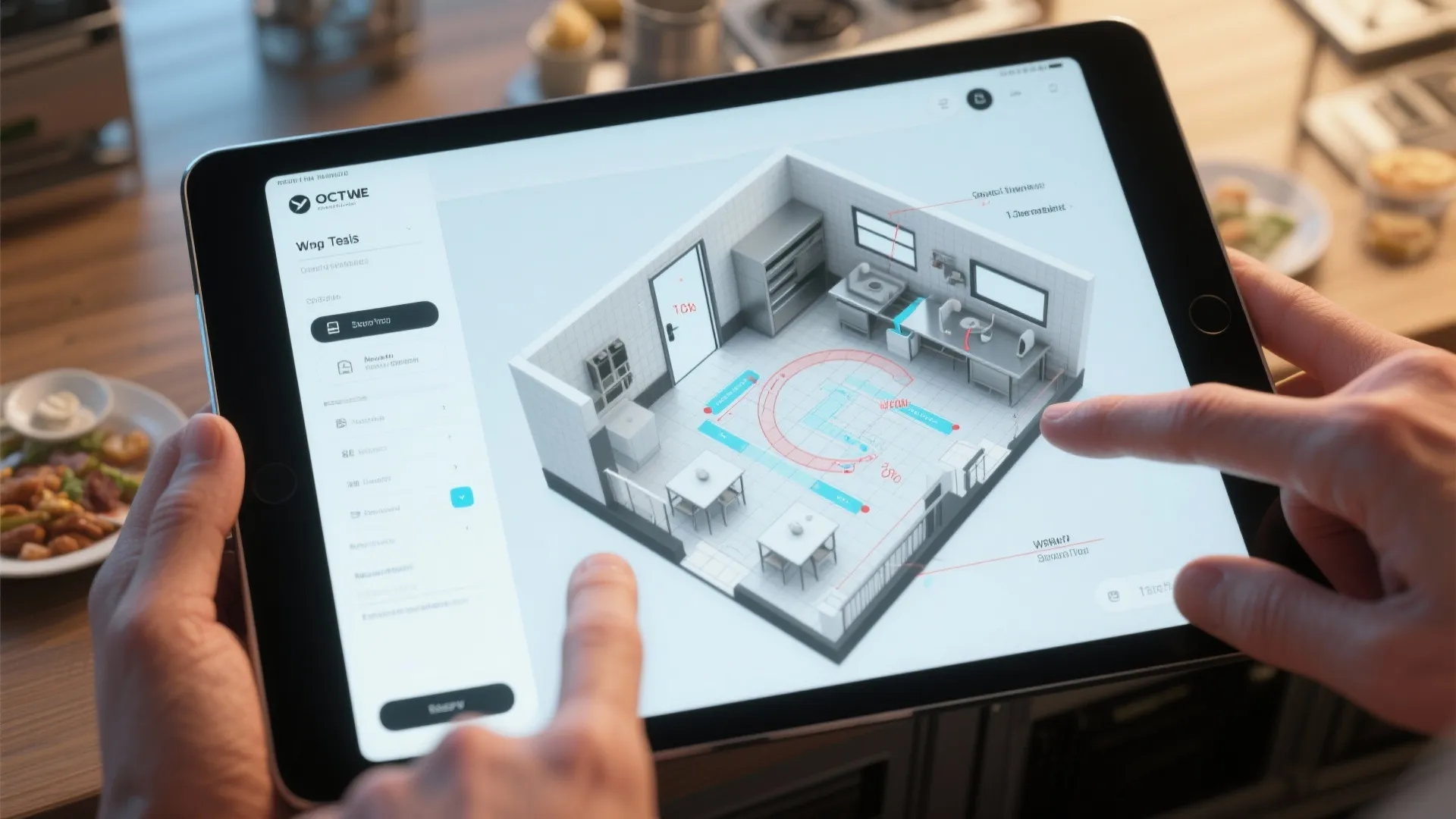 Top-down view of a tablet showing a 3D floor planner with door swing and clearance overlays.