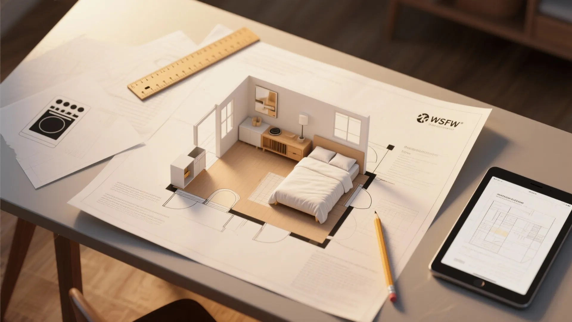 Top-down mock-up of a bedroom layout with scaled pellet stove cutouts and room planner tools