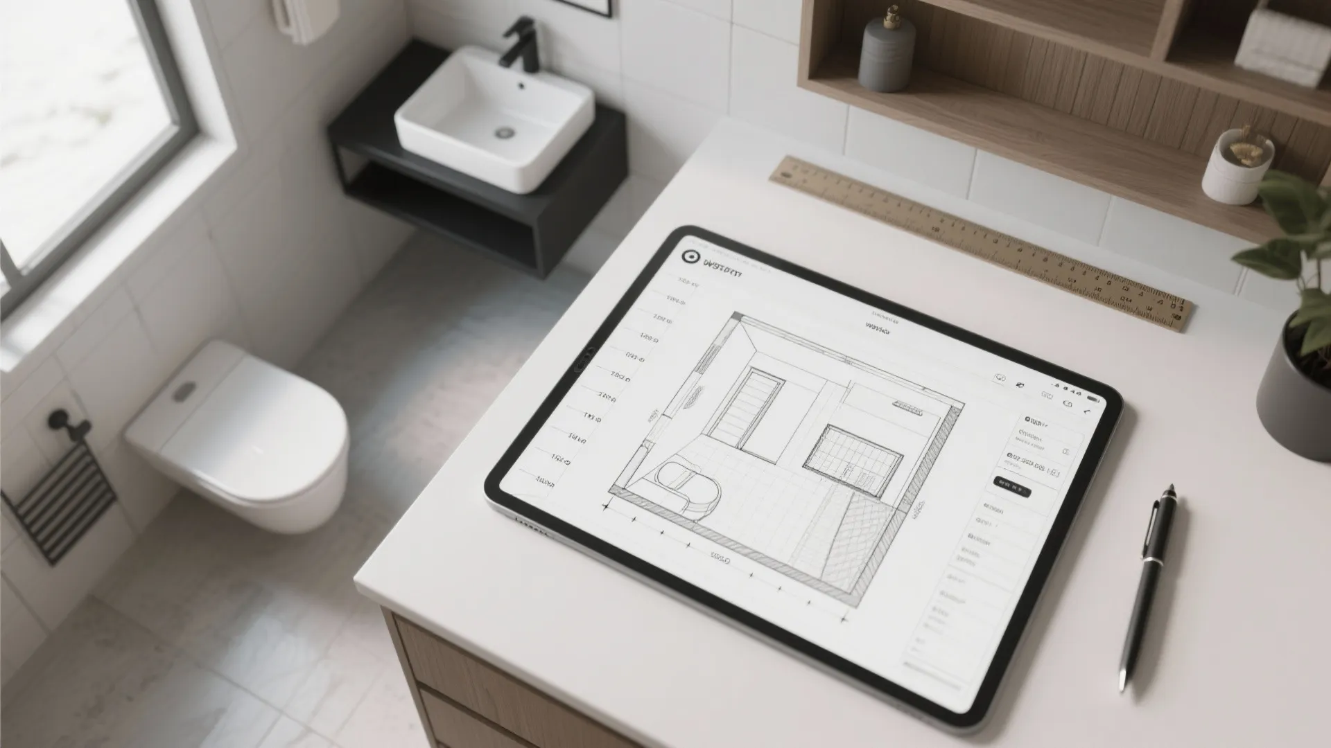 Tablet displaying bathroom interior design drawing on counter with a sink and a toilet nearby