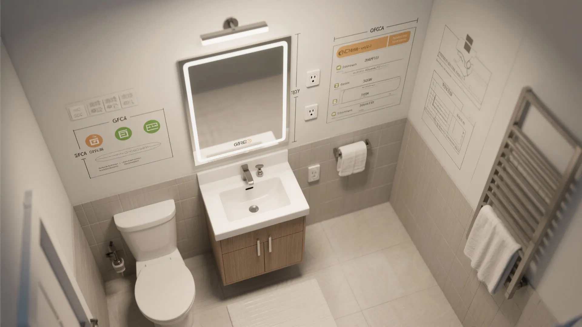 Small bathroom layout plan with white toilet wood cabinet sink and lighted mirror on wall