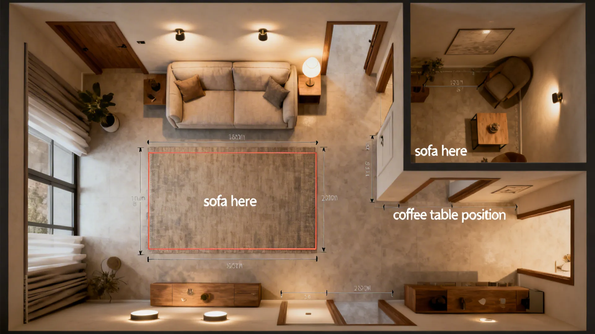 Top-down living room layout showing prioritized lighting and furniture placement with measurements