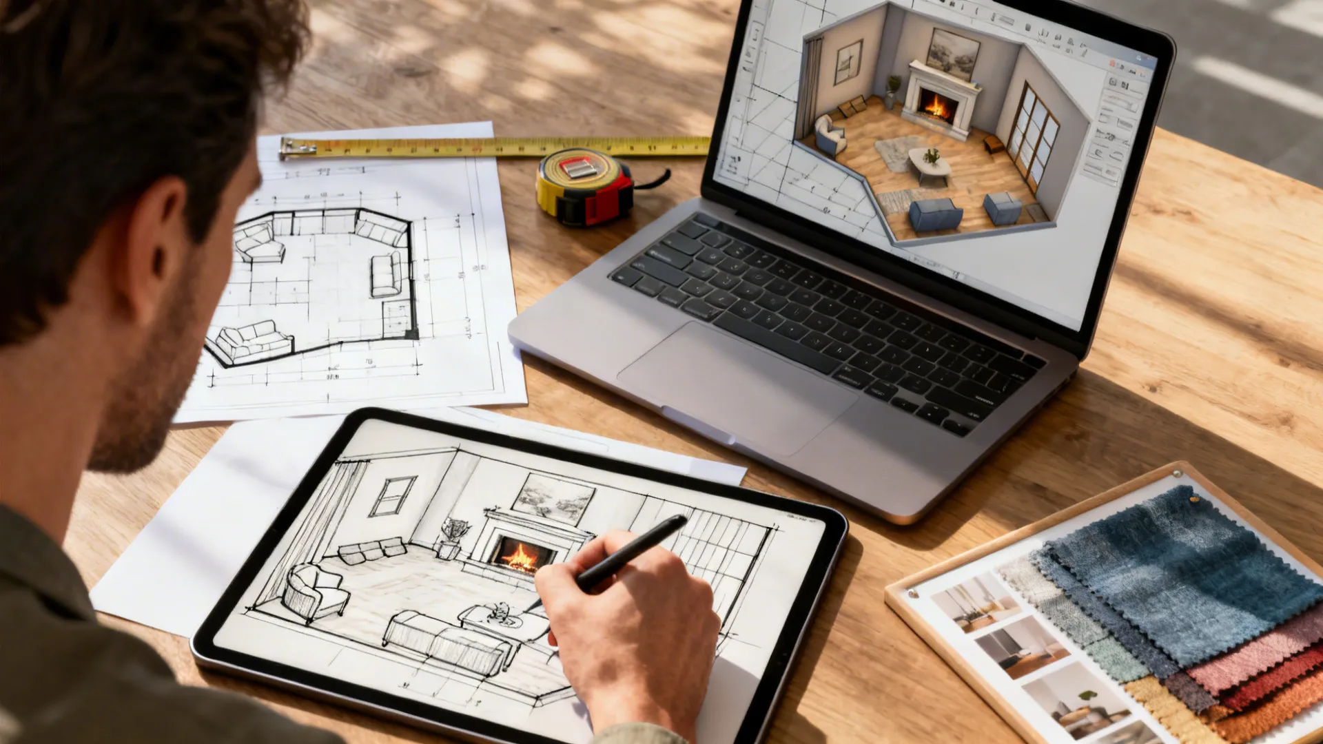 Top-down view of a designer workspace with floor plans, 3D planner on laptop, and material swatches for a corner fireplace layout.