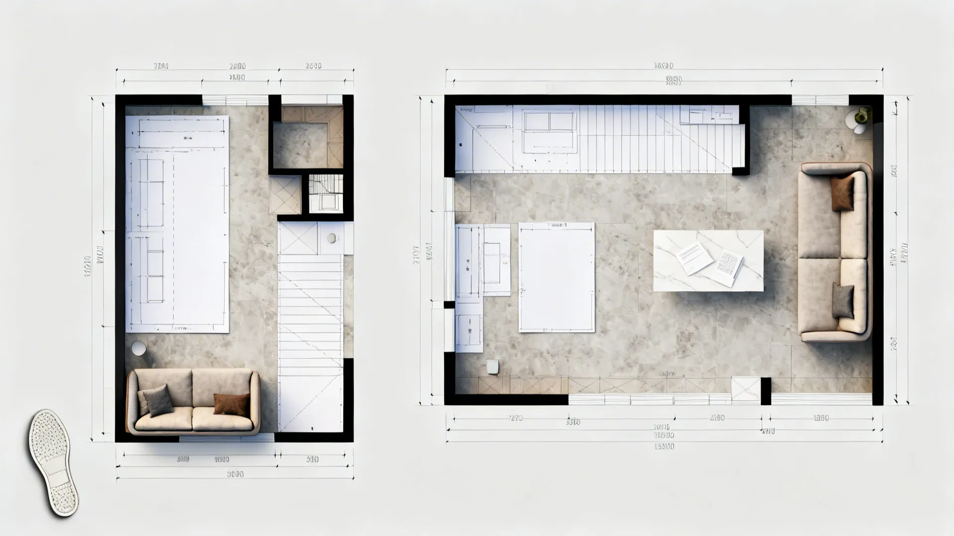 Top-down mockup showing vertical vs horizontal art layout options with paper templates and measurements.