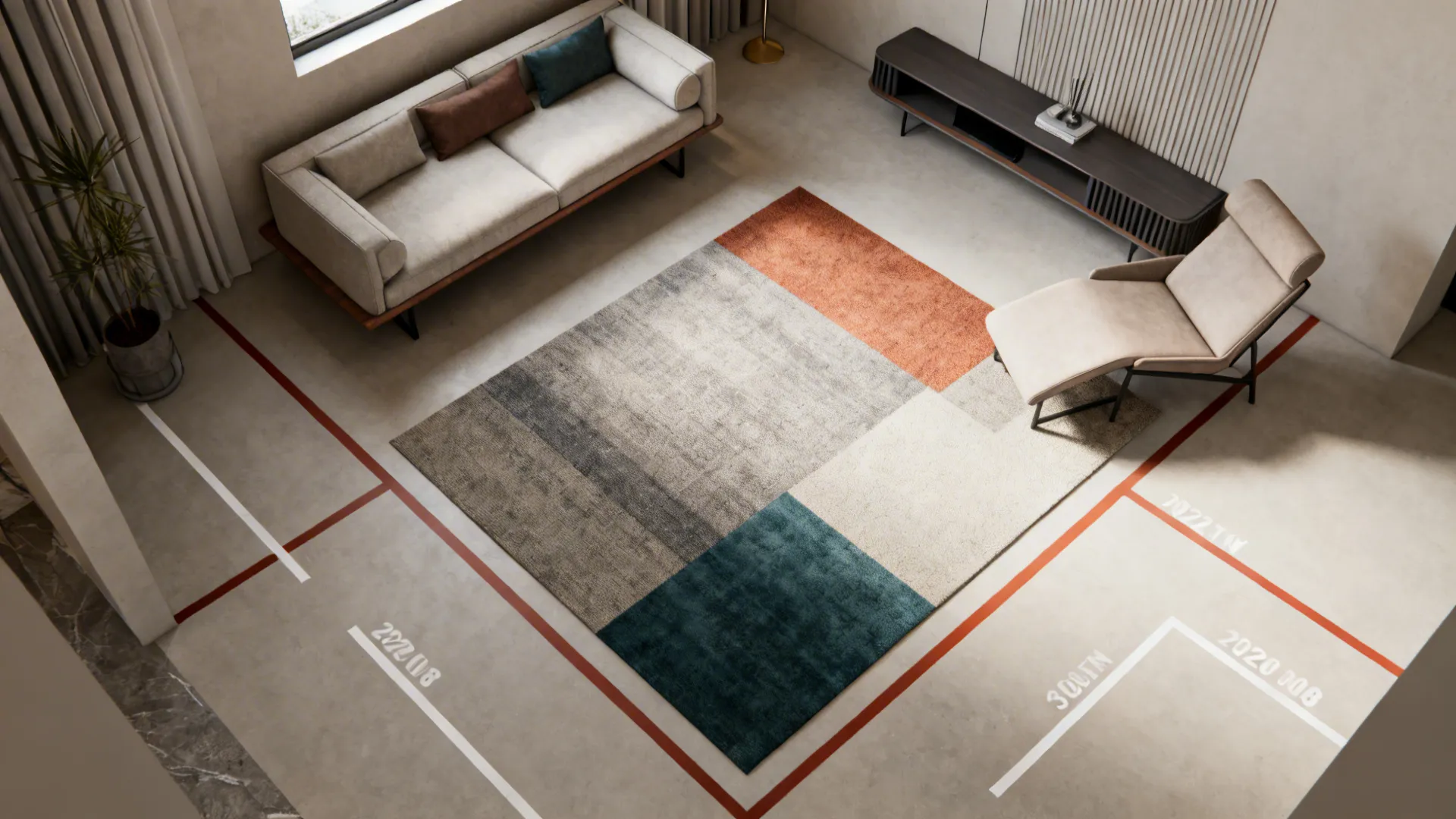 Top-down 3D planning view of a small mid-century living room layout with circulation paths.