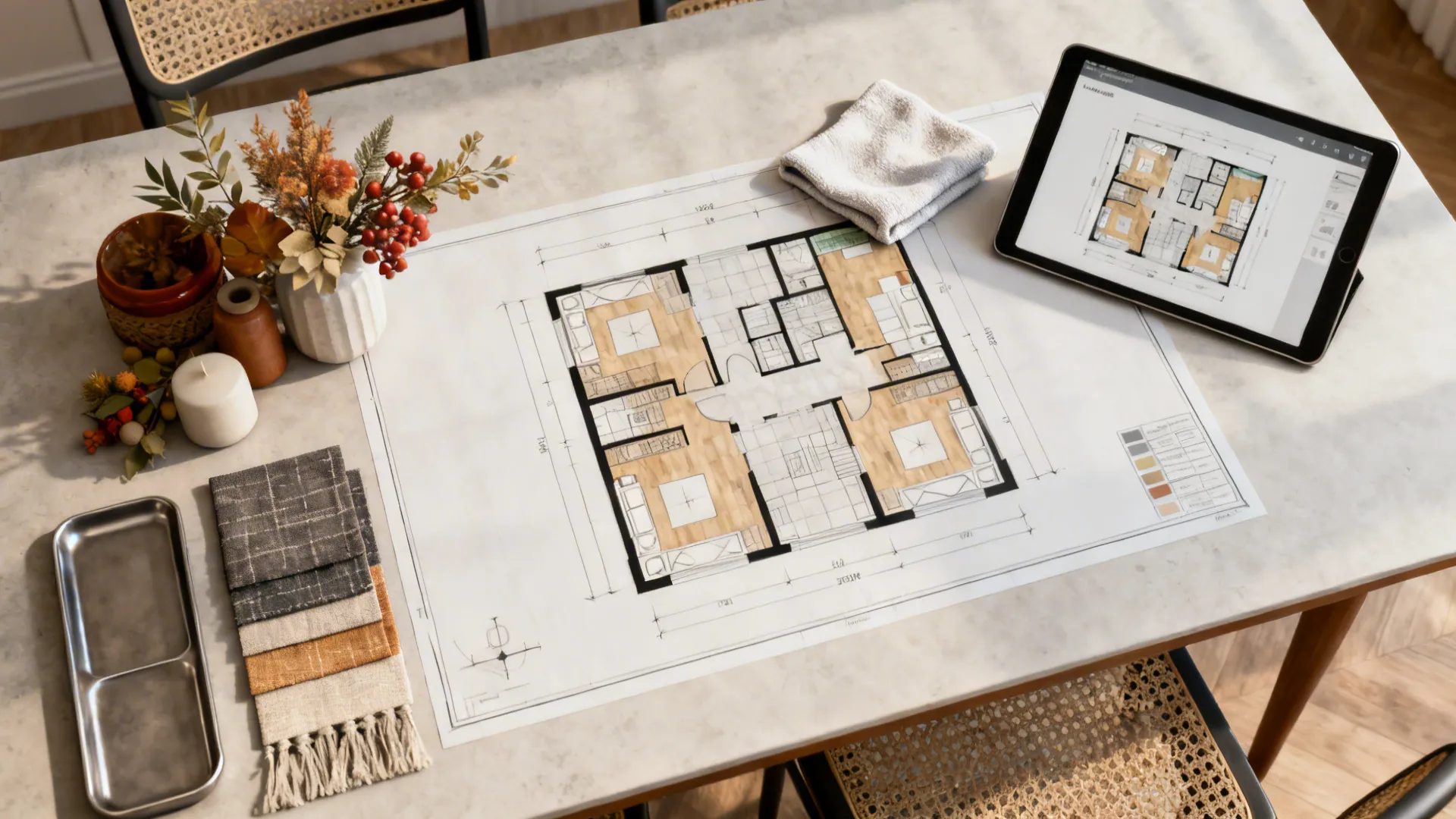 Paper floor plan layout on marble table next to a tablet showing digital home design