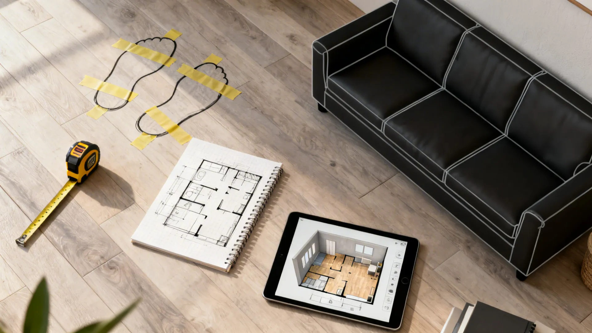 Top-down floor plan mockup with taped sofa footprint, measuring tape and tablet floor planner