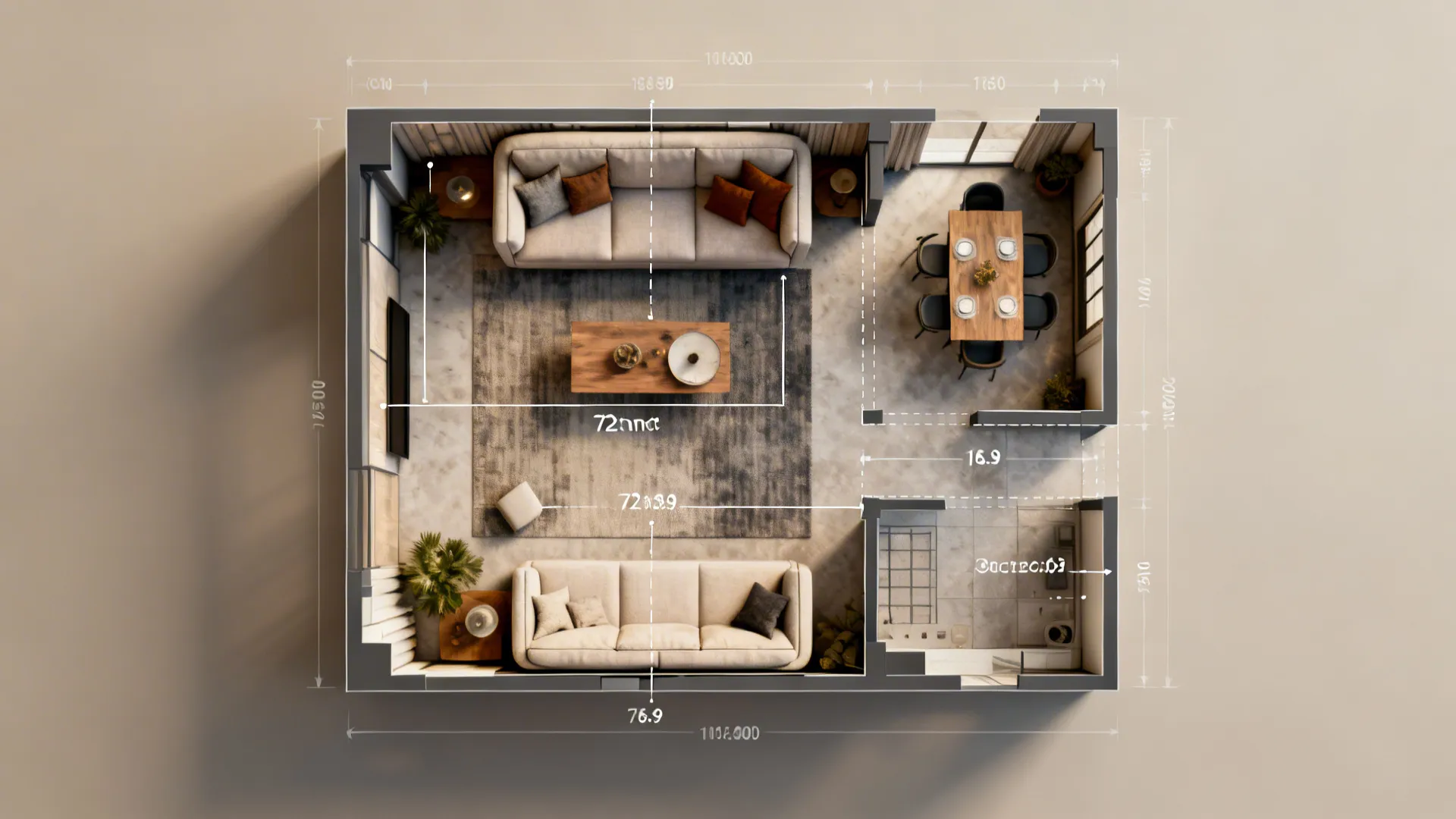 Top-down planning view of a small living room with measured sofa, circulation paths, and rug sizing guides.