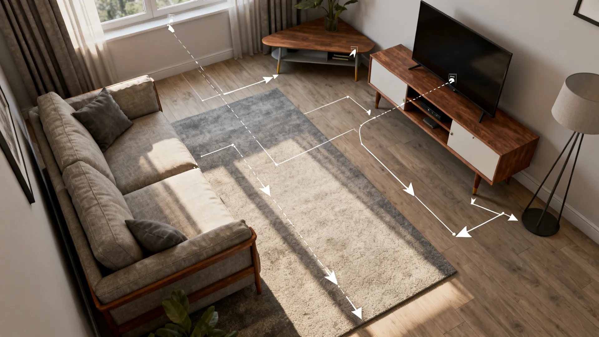 Top-down room planner view showing sofa, TV stand options, and circulation paths in a small living room.