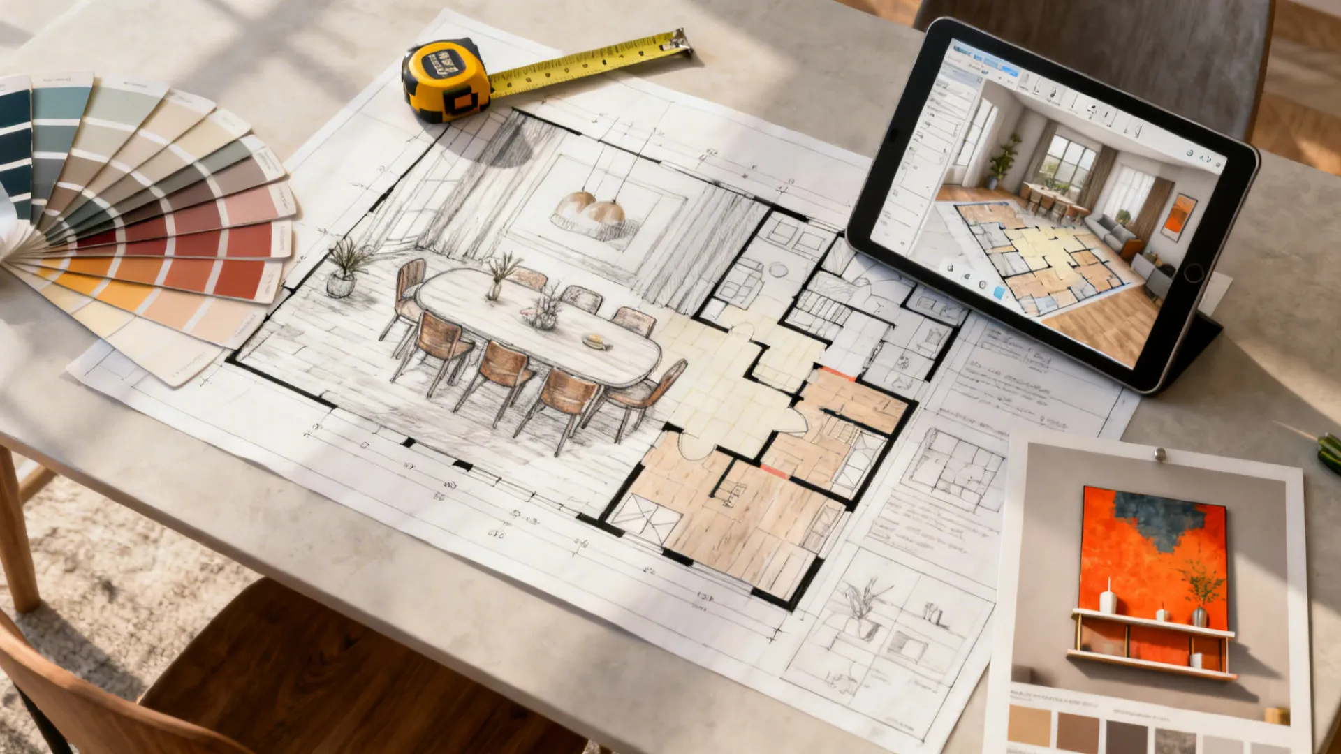 Floor plan drawing on desk with color swatches measuring tape and tablet showing 3D room design