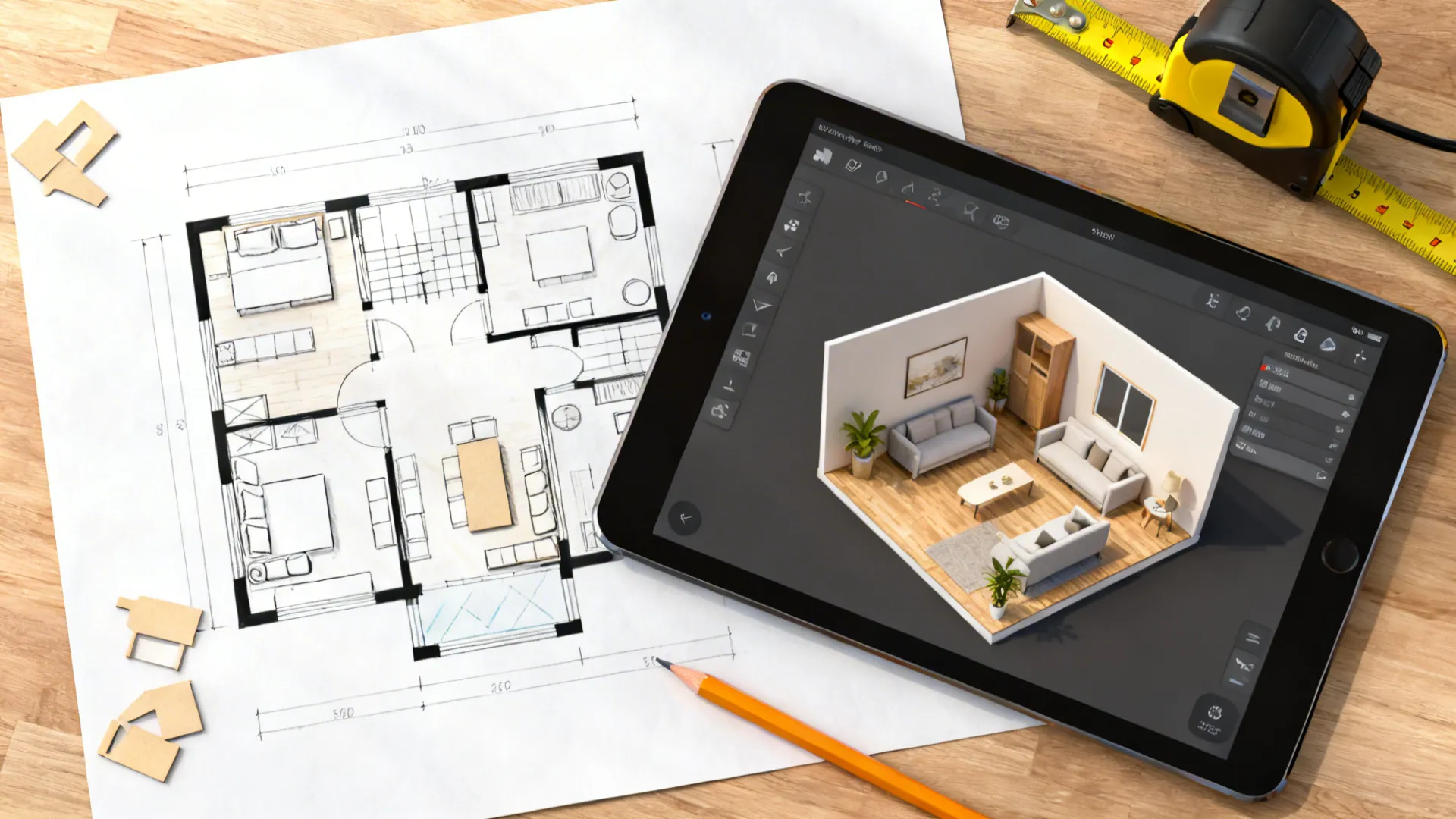 Top-down view of a floor plan sketch and a tablet showing a 3D room planner for testing circulation