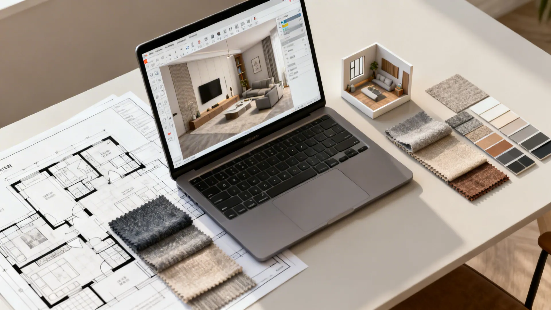 Laptop showing interior design drawing next to paper floor plan and fabric color material samples