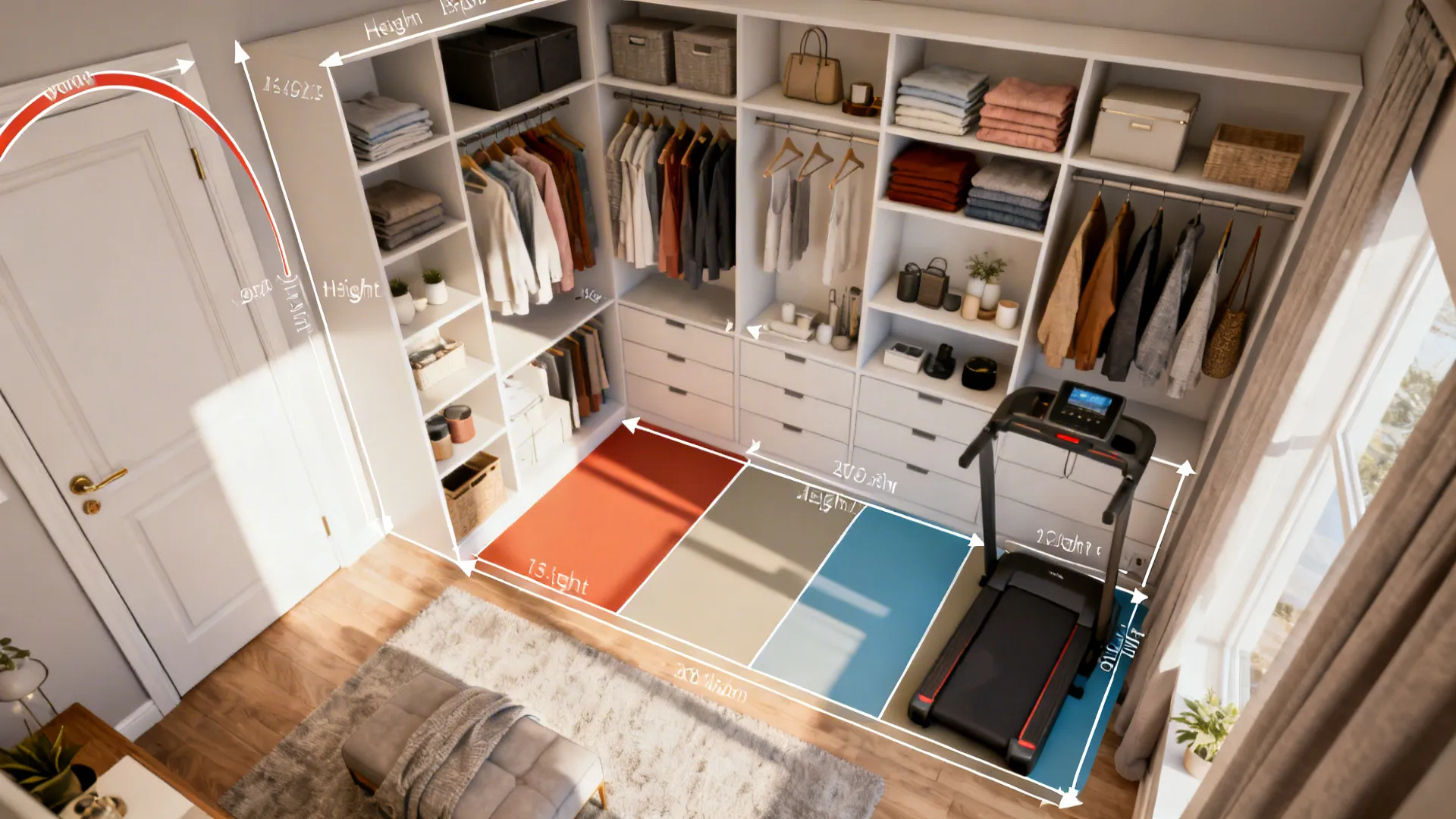Top-down planning mockup with shelving heights and door swing clearances for a small closet