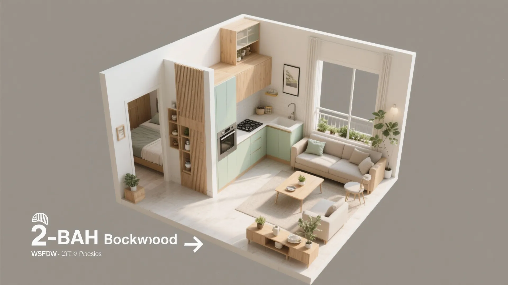 Modern small apartment layout drawing with light green kitchen cabinets living room area and bedroom