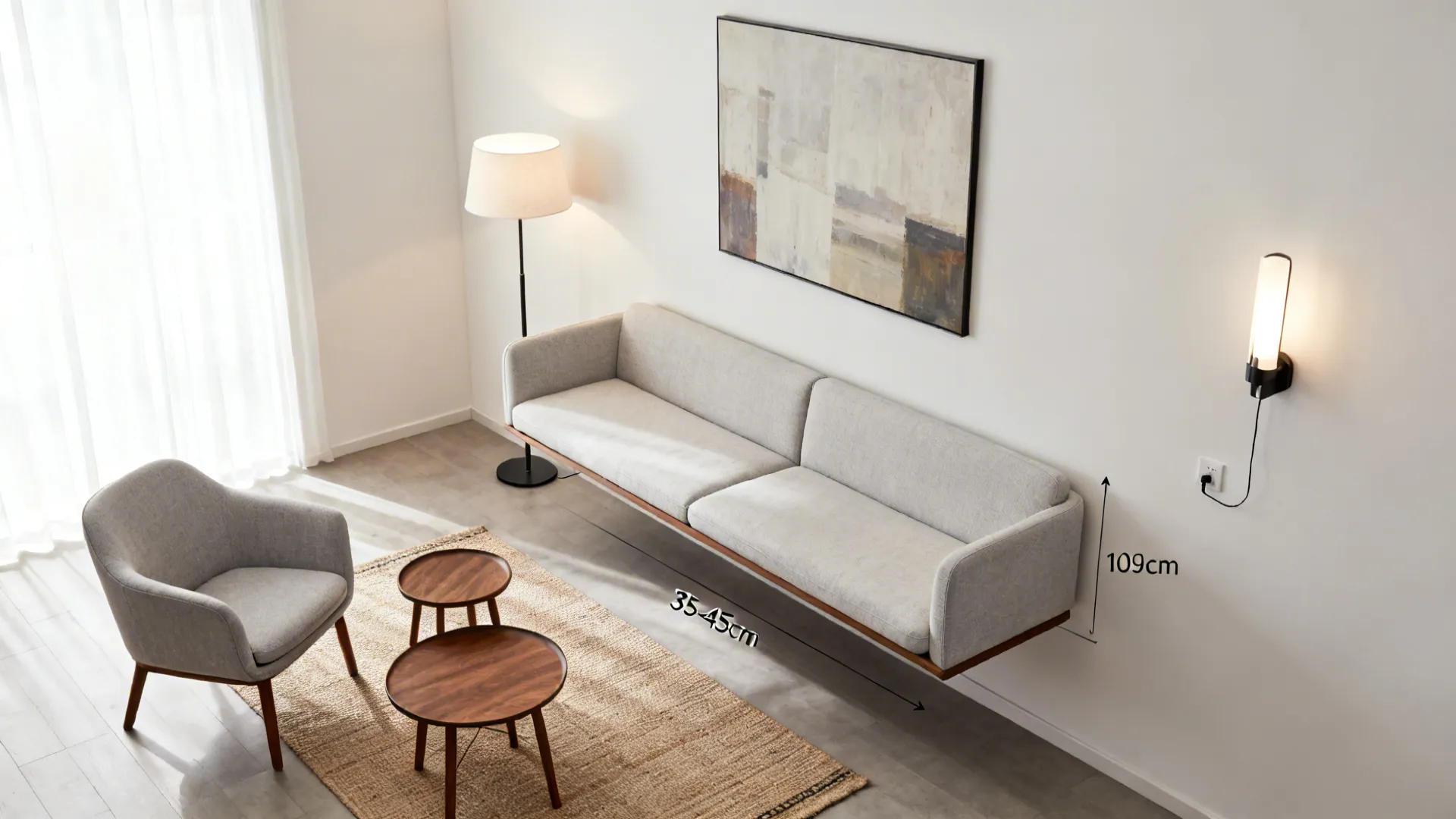 Top-down narrow living room plan with a floated sofa, slim rug, nesting tables, and layered lighting.