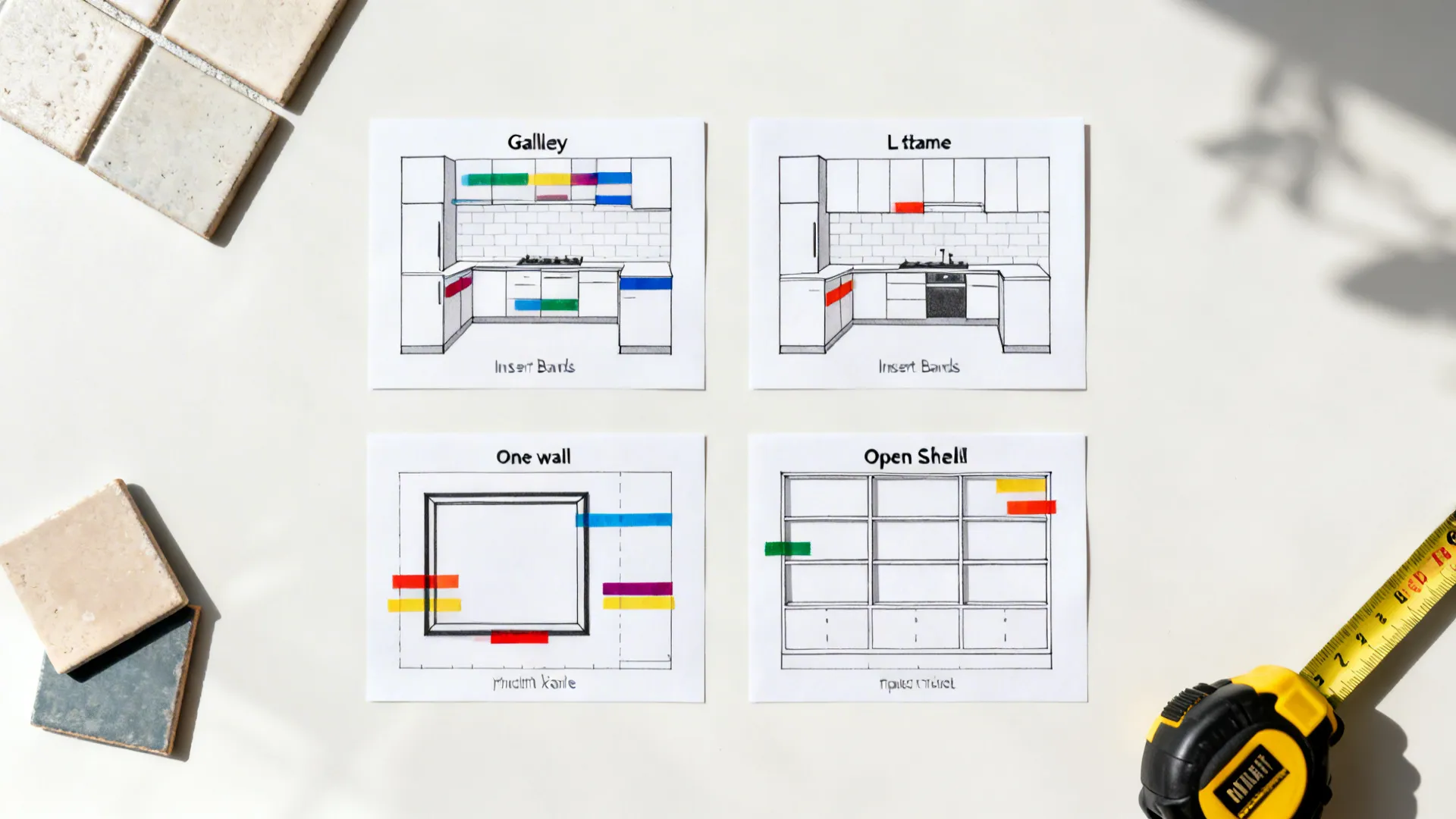 Top-down plans of galley, L-shape, one-wall, and open-shelf kitchens marked with tile insert strategies.