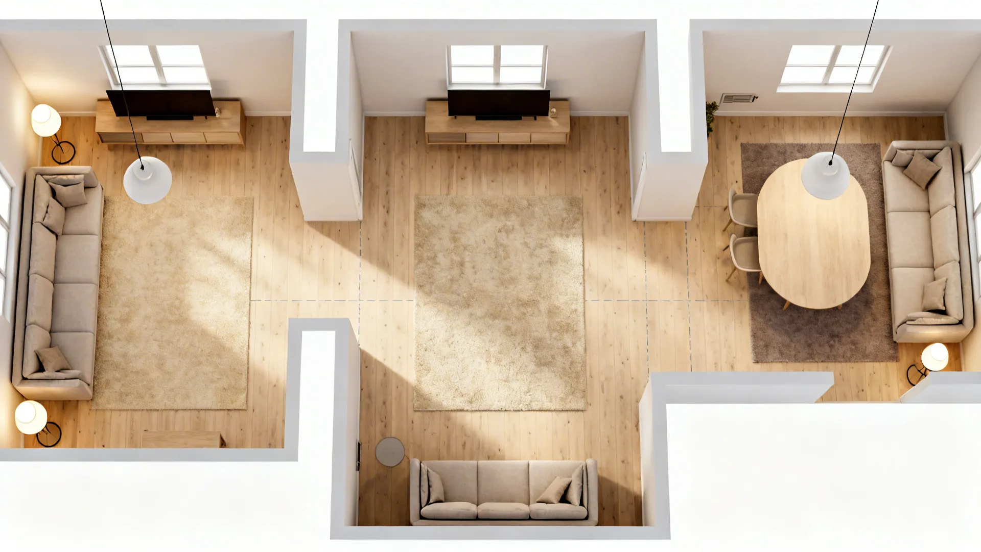 Top-down visuals of line-up, L-shape, and overlap layouts for compact living/dining rooms.