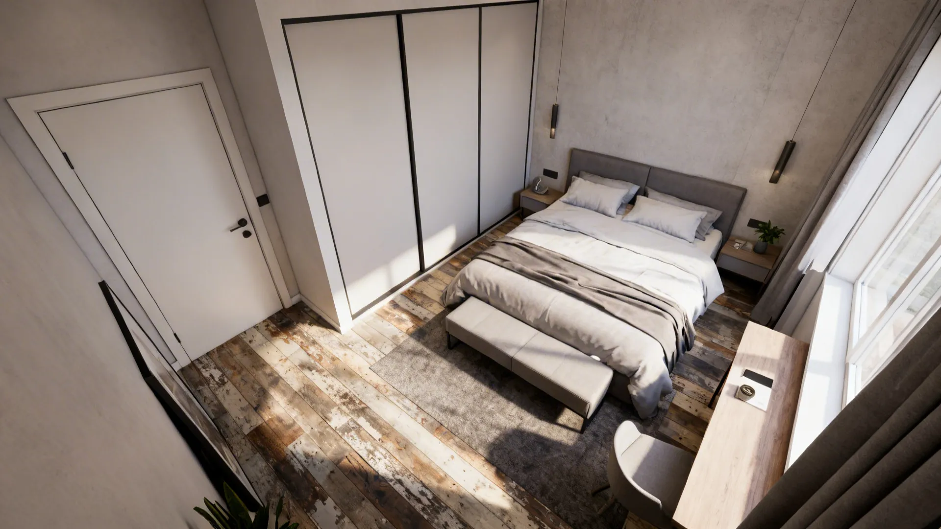 Top-down view of a small bedroom layout showing a pocket door, sliding wardrobe, and king bed arrangement.